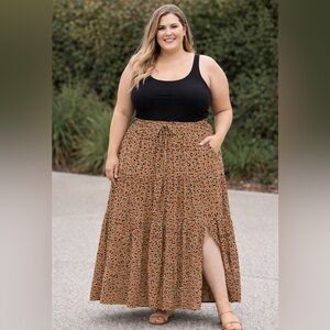First Love by Lovelyn Women’s Plus Size 2X Brown Leopard Print Maxi Skirt Slit